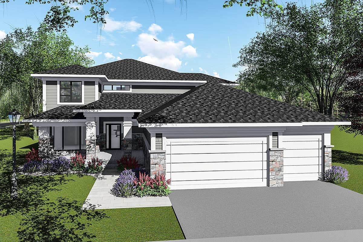 House plan exterior. Two-story home with a gabled roof, front-entry porch, and attached garage. Stone accents on the exterior columns.