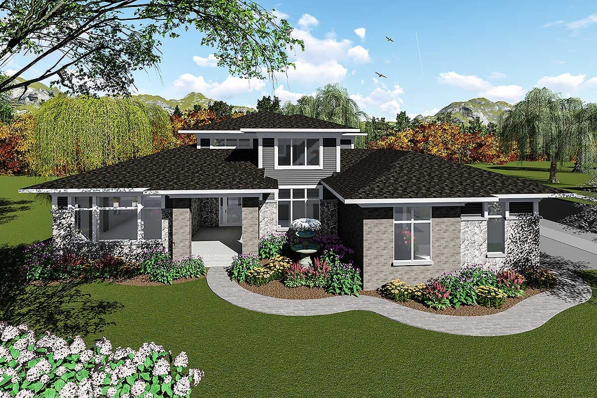 House plan exterior with two stories. Features include a flat roof, stone and brick facade, and covered entry. Landscaping includes a garden.