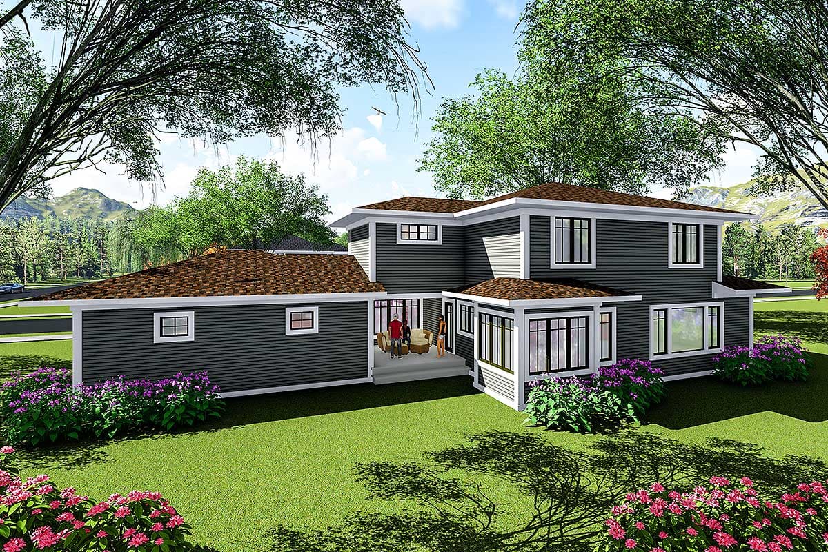 House plan exterior, two stories, horizontal siding, multiple gables, and prominent window arrangements.