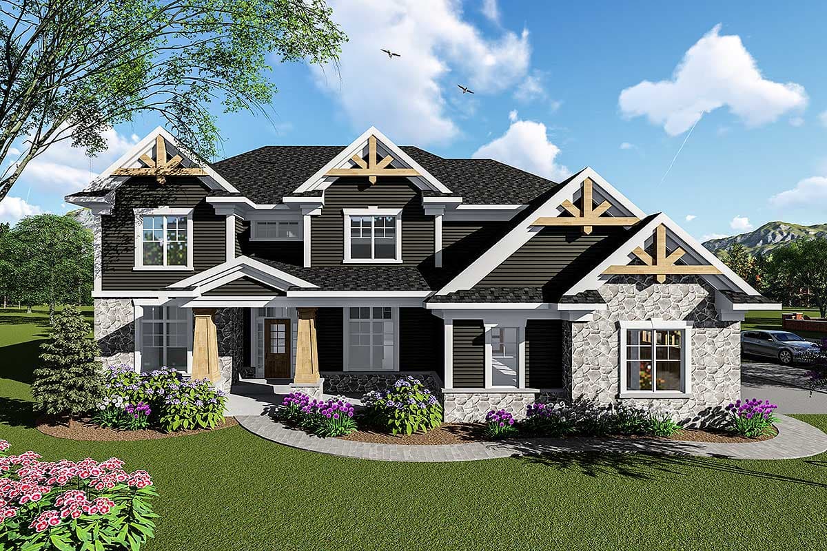 House plan exterior with Craftsman style. Features include gabled rooflines, stone facade, front porch, and exposed rafter tails. Two stories.