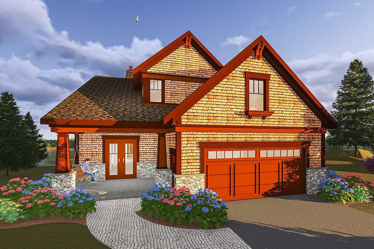 House plan exterior. Craftsman style with gabled roof, two stories, and front porch. Features include a two-car garage and decorative dormers.