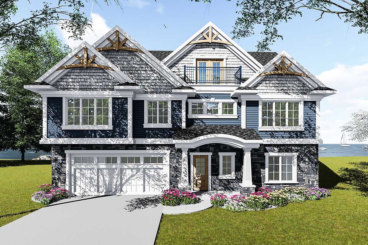 House plan exterior with two stories. Craftsman style with a gabled roof, stone facade, and a covered front porch, and a second-floor balcony.