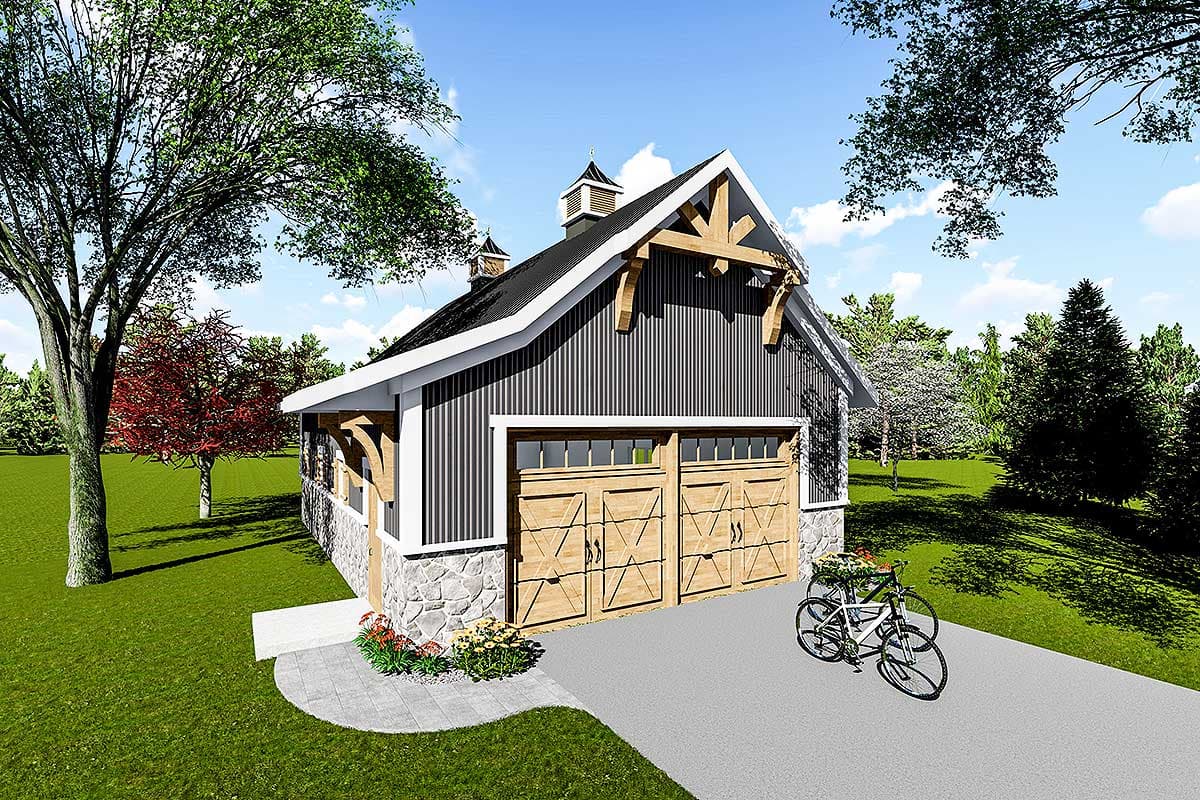 House plan exterior. Two-story structure with gable roof. Includes exposed rafter tails, stone facade, and two-car garage with wood doors.