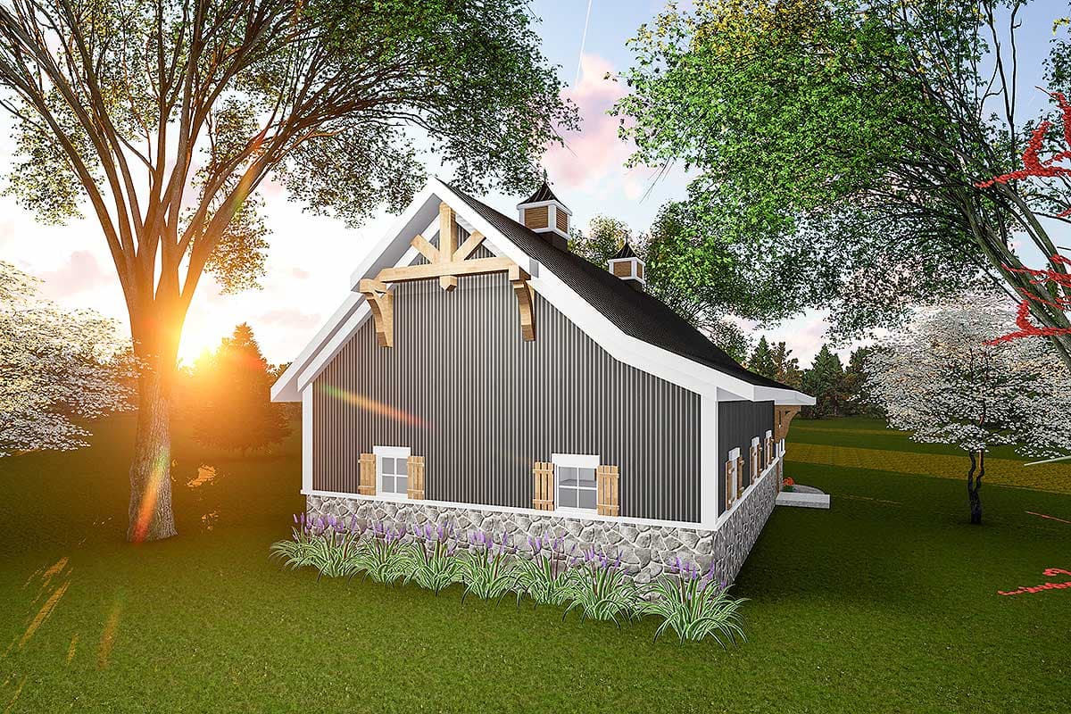 House plan exterior: Modern farmhouse style with stone foundation, vertical siding, exposed rafters and cupolas.