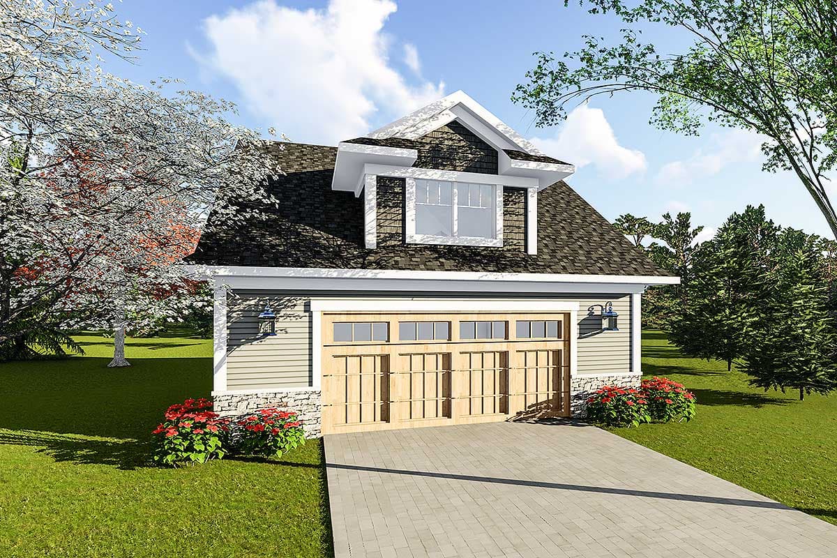 House plan exterior. Features a two-car garage with a gable roof and dormer. Stone veneer base with light siding. Driveway, landscaping.