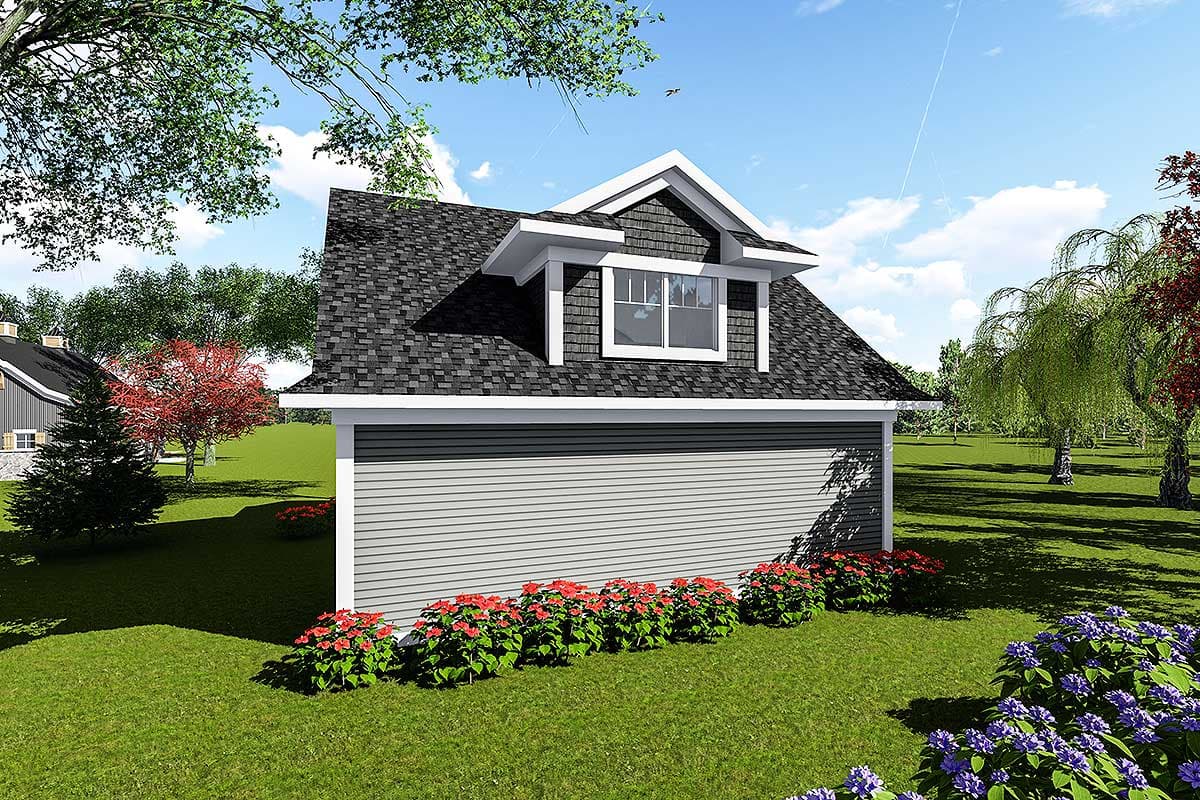 House plan exterior showing a gambrel roof with a dormer, horizontal siding, and surrounding landscaping.