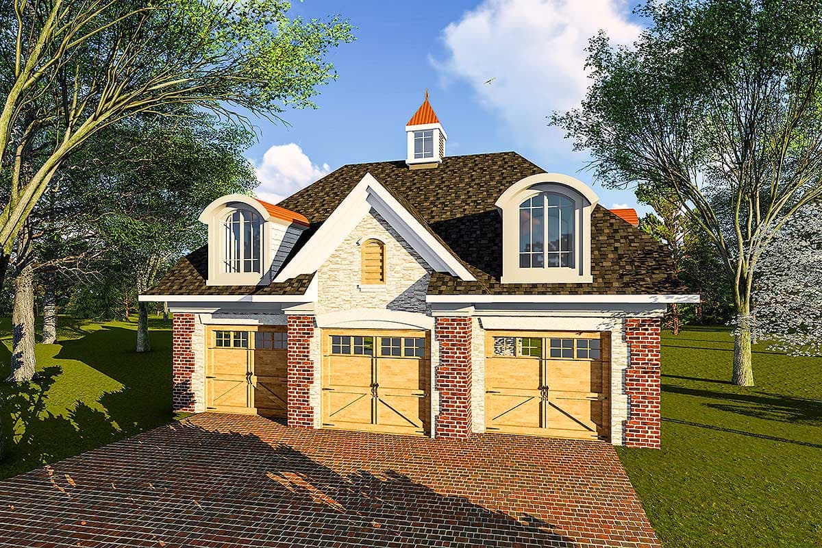 House plan exterior with three-car garage. Features include arched dormer windows, brick accents, and a cupola. Roof has a steeply pitched gable.