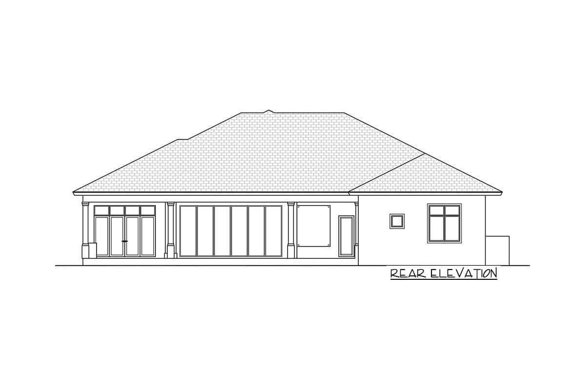 Rear elevation drawing of a single-story house with a large bank of windows and a covered porch.