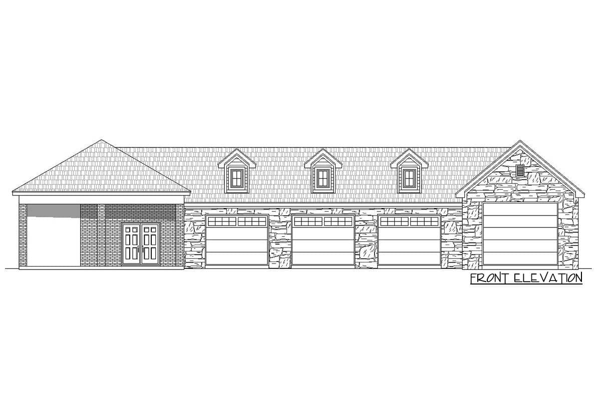 Front elevation drawing of a house plan featuring a brick facade, stone accents, a five-car garage, and three dormer windows.