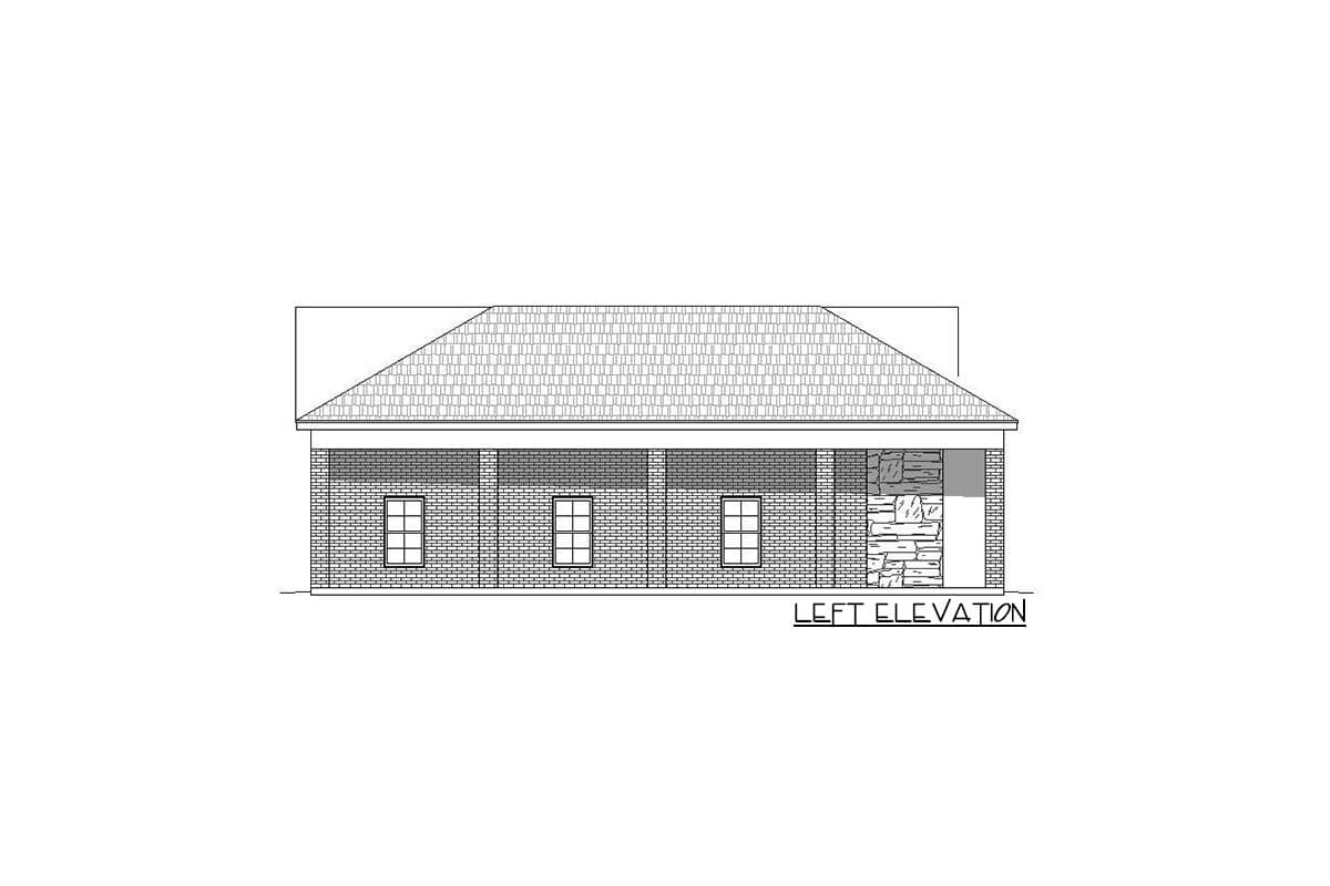 Left elevation drawing of a single-story house with brick and stone exterior, gable roof, and three windows.