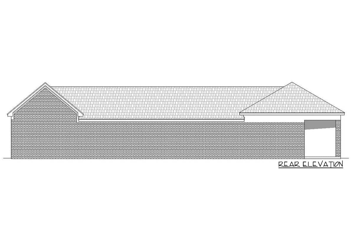 Rear elevation drawing of a single-story house plan with a brick exterior and a garage.