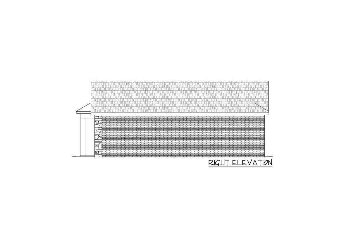 Right elevation drawing of a house plan, featuring brick siding and a gabled roof.