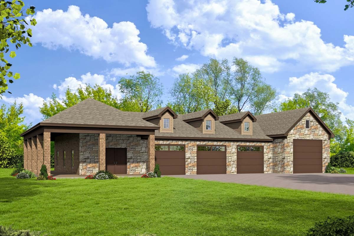 House plan exterior. Two-story with stone and brick facade, three-car garage, multiple dormers, and gabled rooflines.