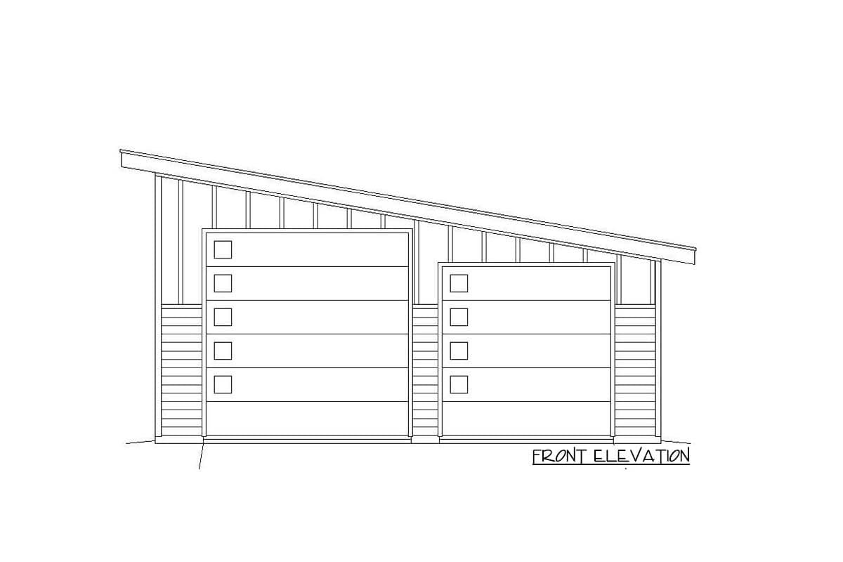 Front elevation drawing of a two-car garage with a shed roof and horizontal siding.
