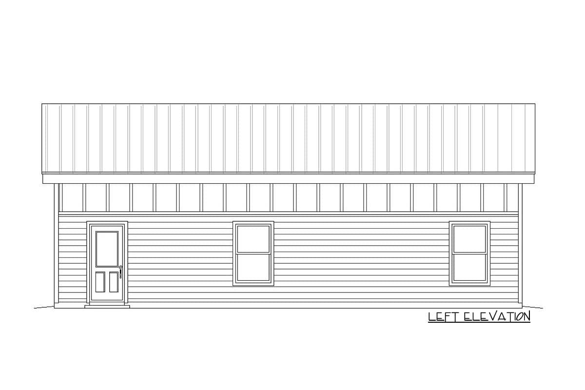 Left elevation drawing of a house plan, showing horizontal siding, a door, two windows, and a metal roof.