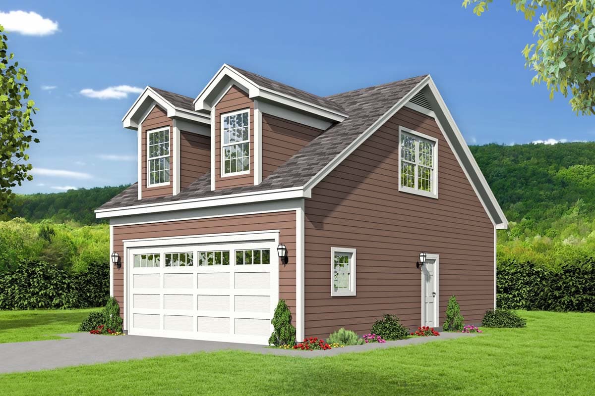 House plan exterior with two stories. Features include dormers, a multi-pane garage door, and a gable roof with a light-colored trim.