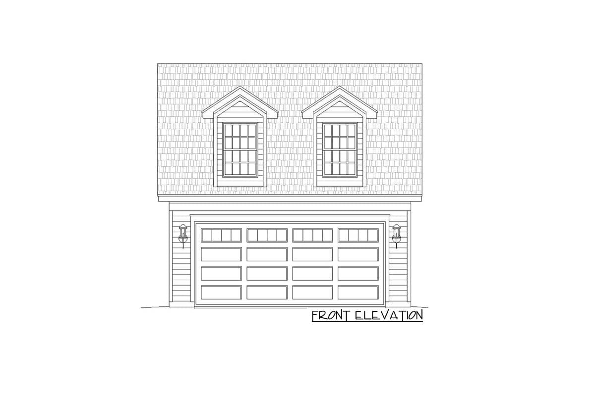 Front elevation drawing of a house plan showing a two-car garage and two dormer windows.