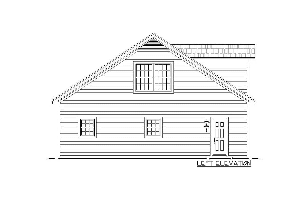 Left elevation drawing of a house plan with horizontal siding, three windows, and a front door.