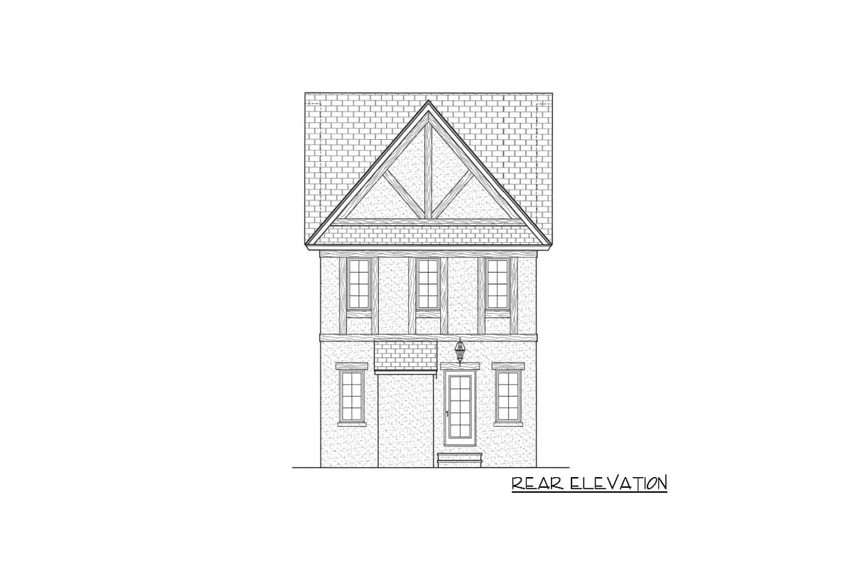 Tudor style house plan rear elevation with prominent gable, half-timbering, and multiple windows.