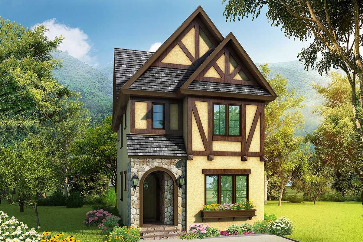 House plan exterior. Two-story Tudor style home with gables, stone arch entry, and decorative timber framing.