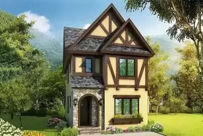 Narrow Lot Tudor House Plan with Just Over 1600 Square Feet of Heated Living