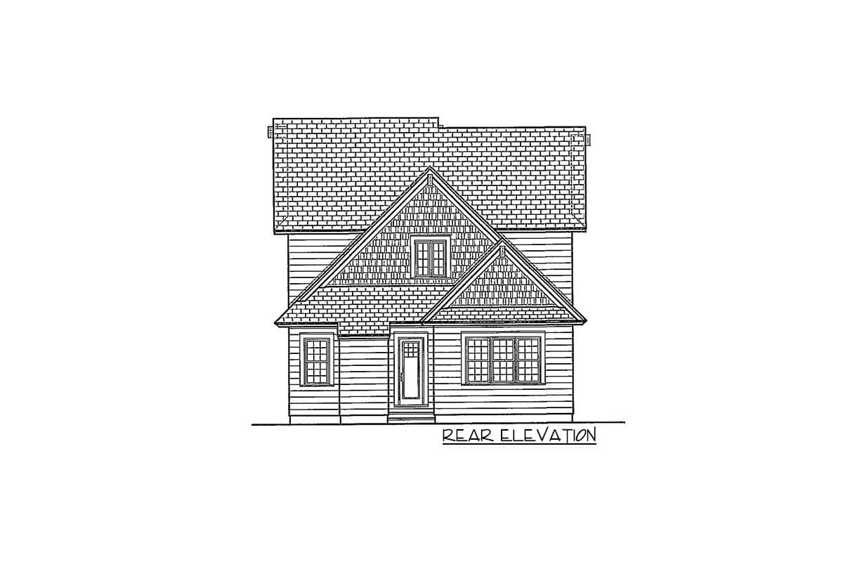 Rear elevation house plan featuring a prominent gable with decorative shingles, a dormer window, and a covered entry.