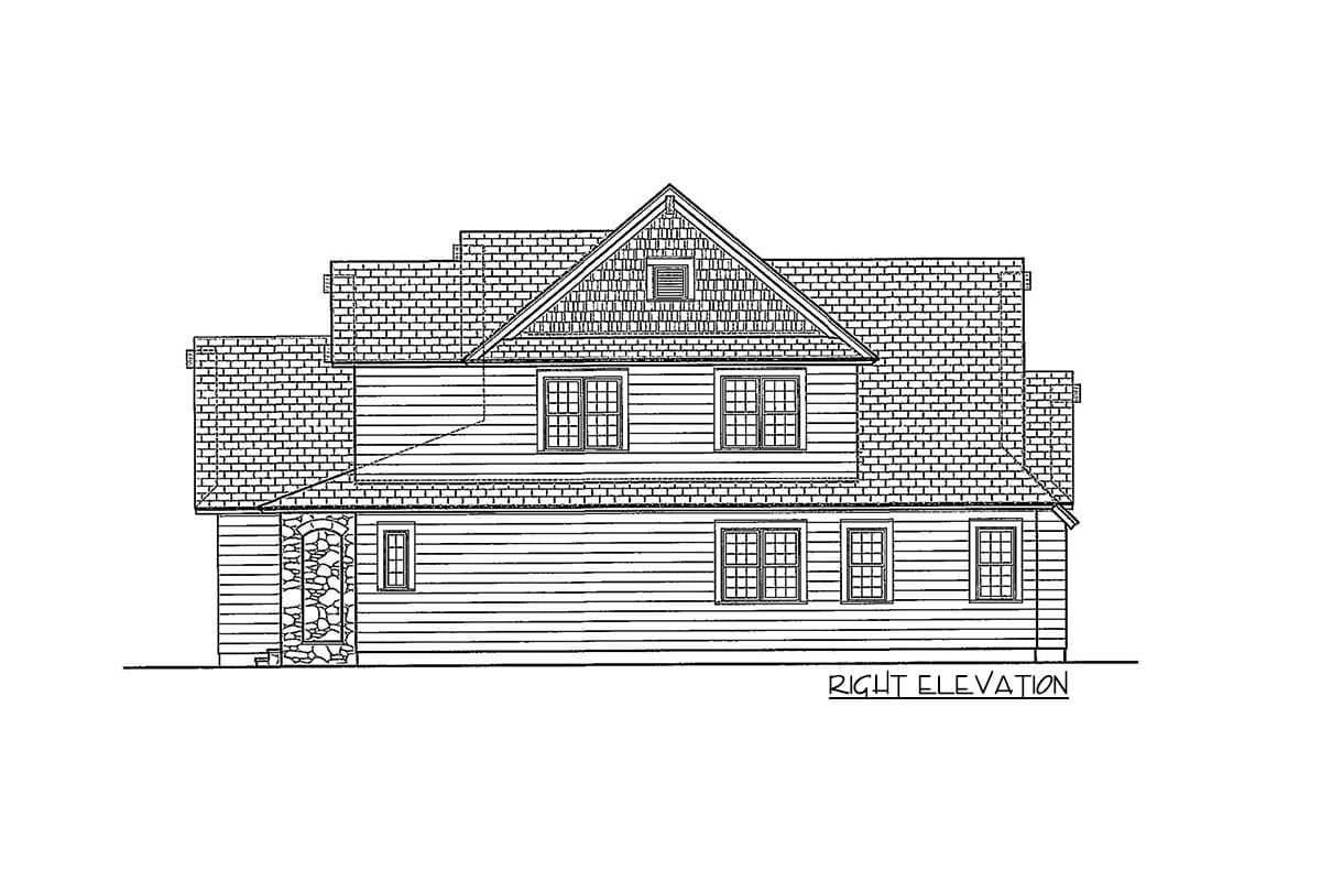 Right elevation house plan drawing showing multiple rooflines, gabled dormer, horizontal siding and stone base.
