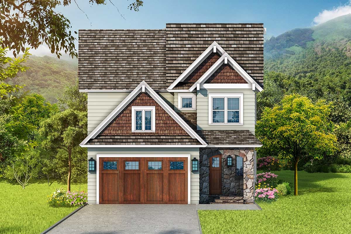 House plan exterior. Two-story with gables and stone facade entryway. Features include wood garage doors and dormers.