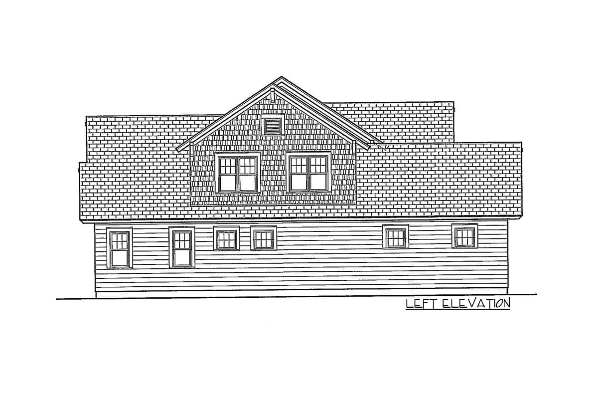 Left elevation drawing of a house plan with horizontal siding, gable dormers, and a prominent central gable.
