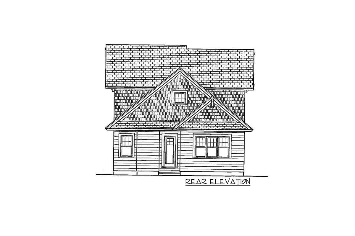 Rear elevation drawing of a two-story house plan with hip and gable roofs, dormer window, and double-hung windows.