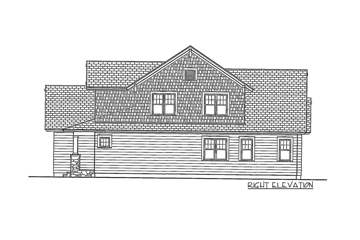 Right elevation house plan with horizontal siding, shingle-clad dormer, and multiple windows.
