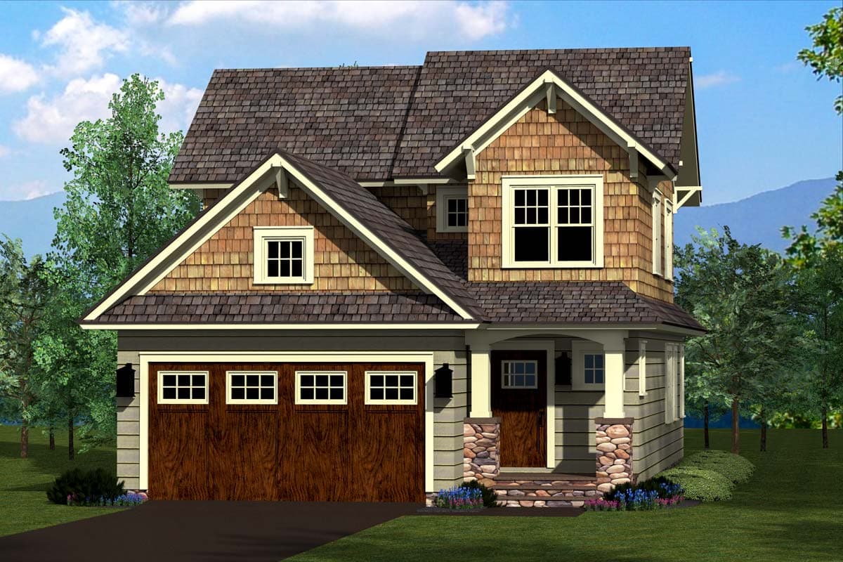 House plan exterior featuring Craftsman style, two stories, gable roof, multi-pane windows, and a portico with stone columns.