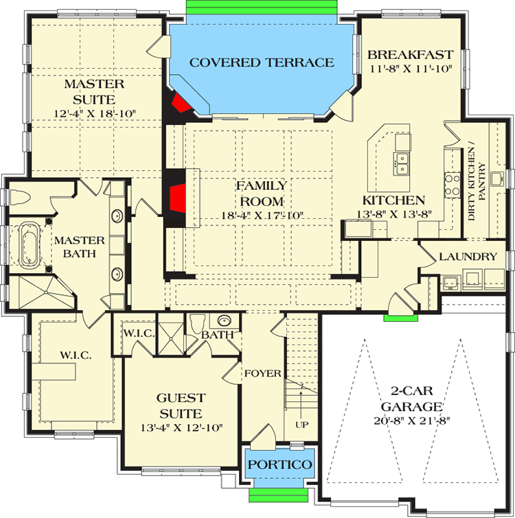 Plan 17818LV: Stone and Brick European Cottage - 335 Sq Ft - Floor Plan - Main Level - European, Traditional