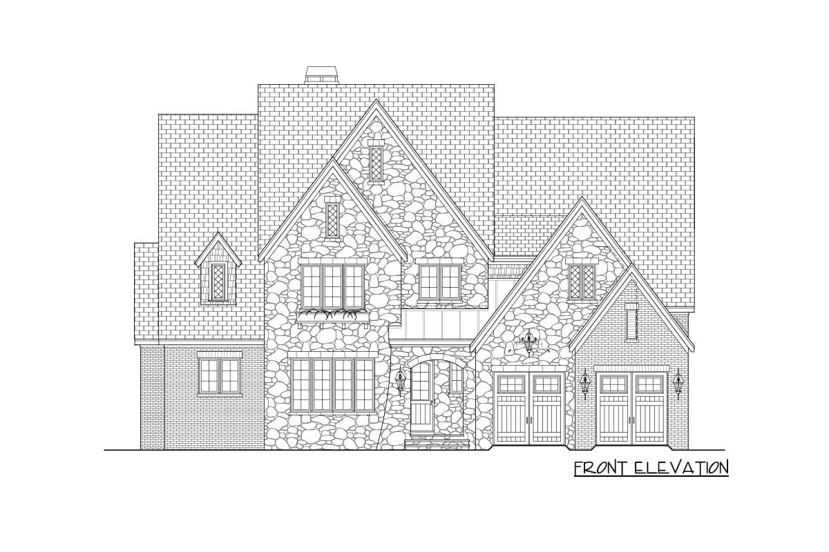 Front elevation drawing of a multi-story house plan with stone and brick facade, multiple gables, and a two-car garage.