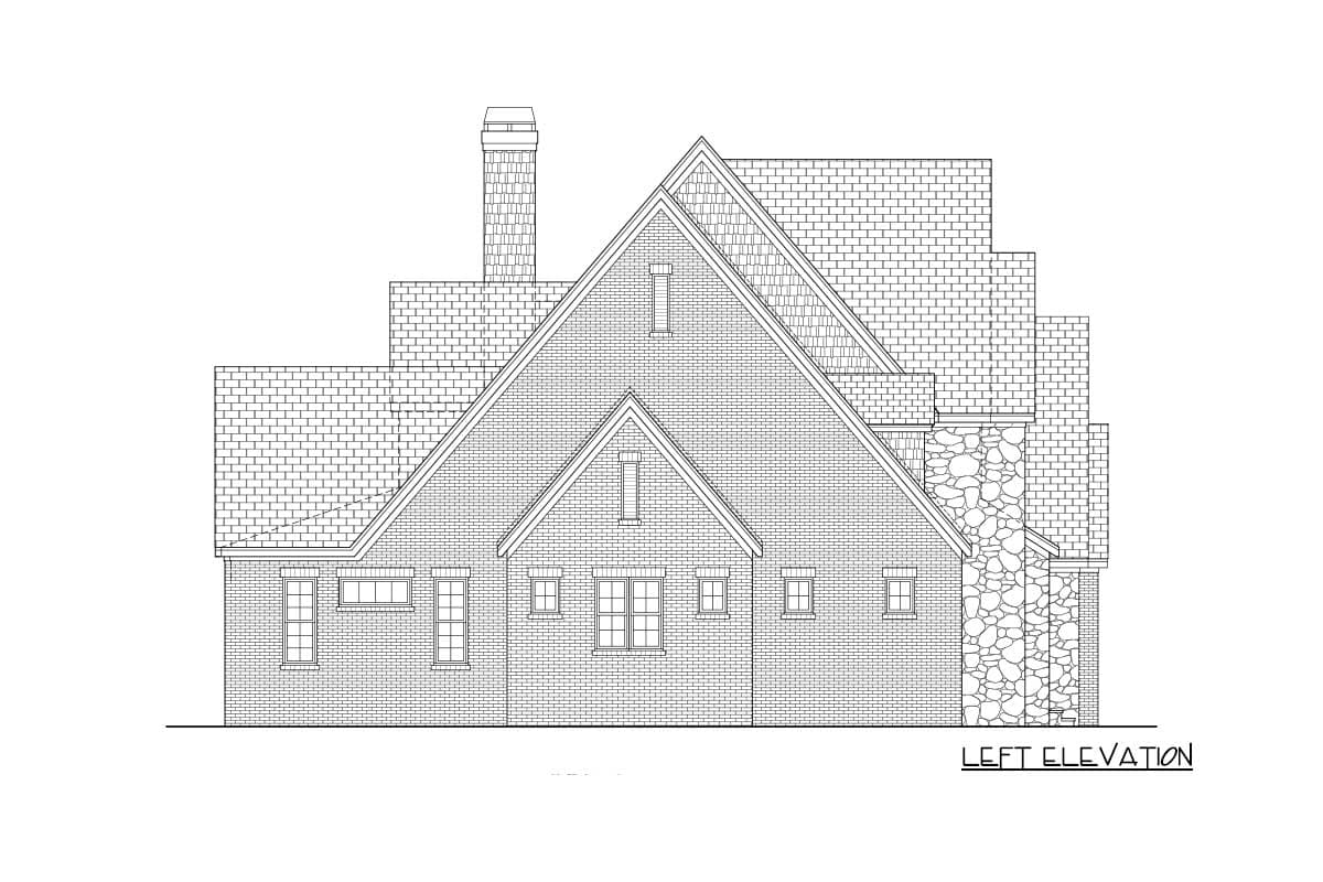 Left elevation house plan with brick facade, varied rooflines, stone chimney, and multiple windows.