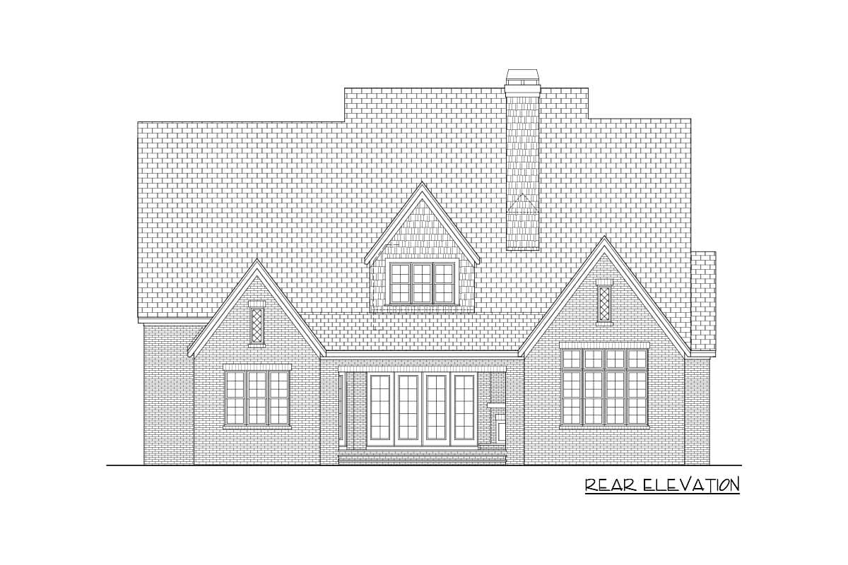 Rear elevation drawing of a two-story house with brick exterior, multiple gables, dormer, and double door access.