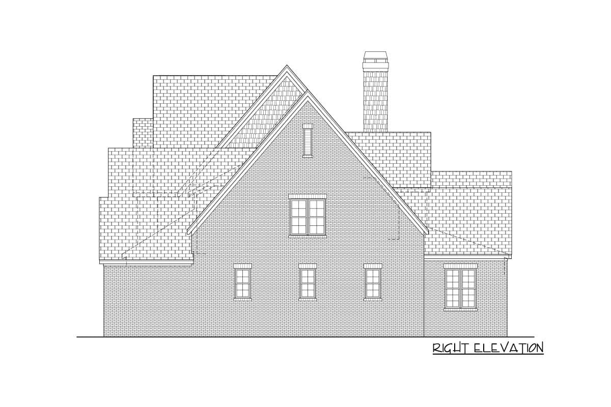 Right elevation house plan drawing with brick facade, multiple gables, dormers, and a chimney.