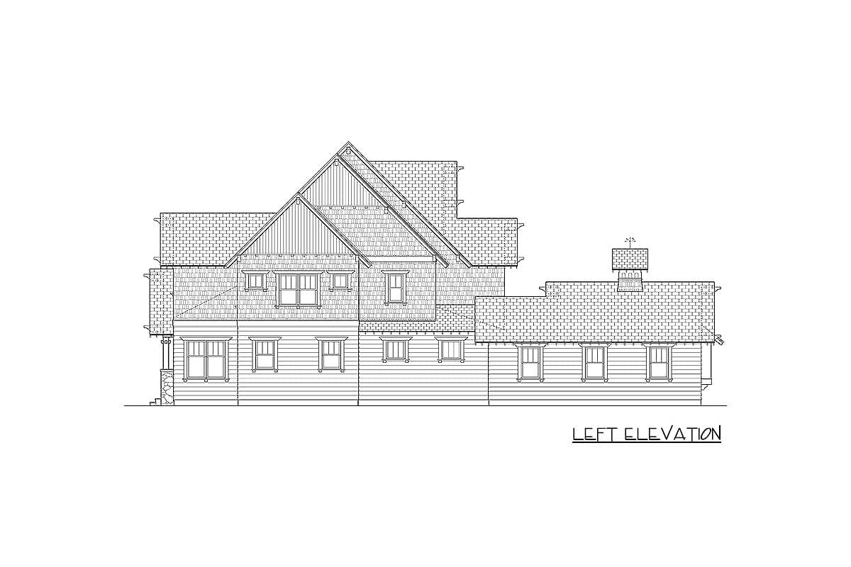 Left elevation house plan showing multiple gables, dormers, varied window styles, and a prominent chimney.