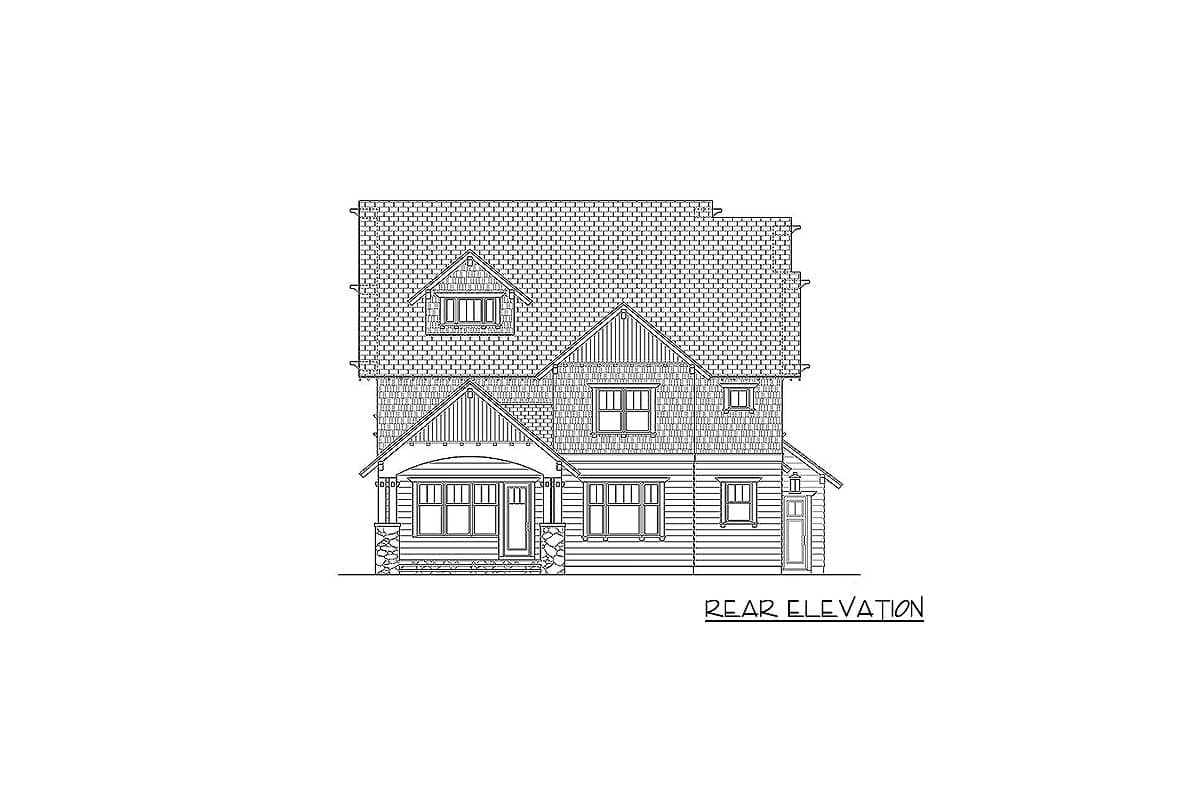 Rear elevation drawing of a two-story house plan featuring a covered porch with stone pillars, multiple gables, dormer windows, and varied siding.