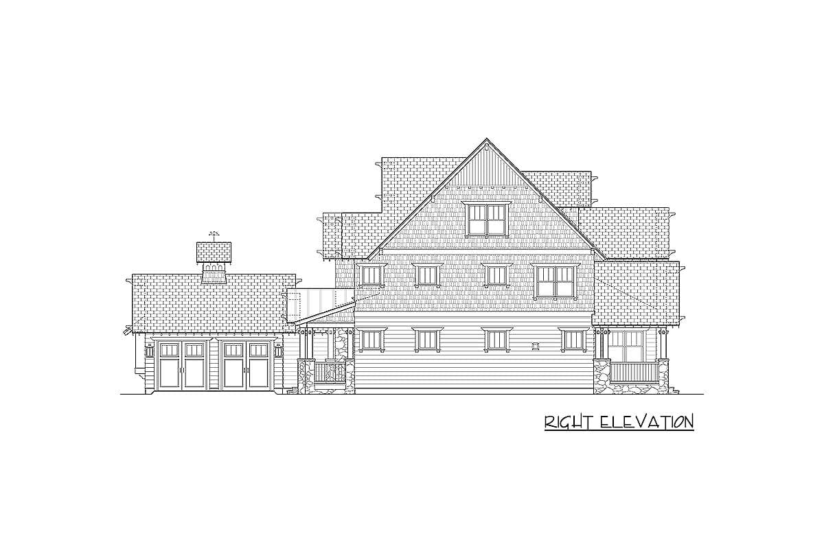 Right elevation house plan: Multi-story house with a side-entry garage, prominent gables, dormers, and stone-accented porch.