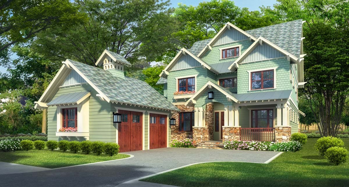 House plan exterior in Craftsman style. Two-story home with gabled rooflines, stone accents, and a front porch with railing.