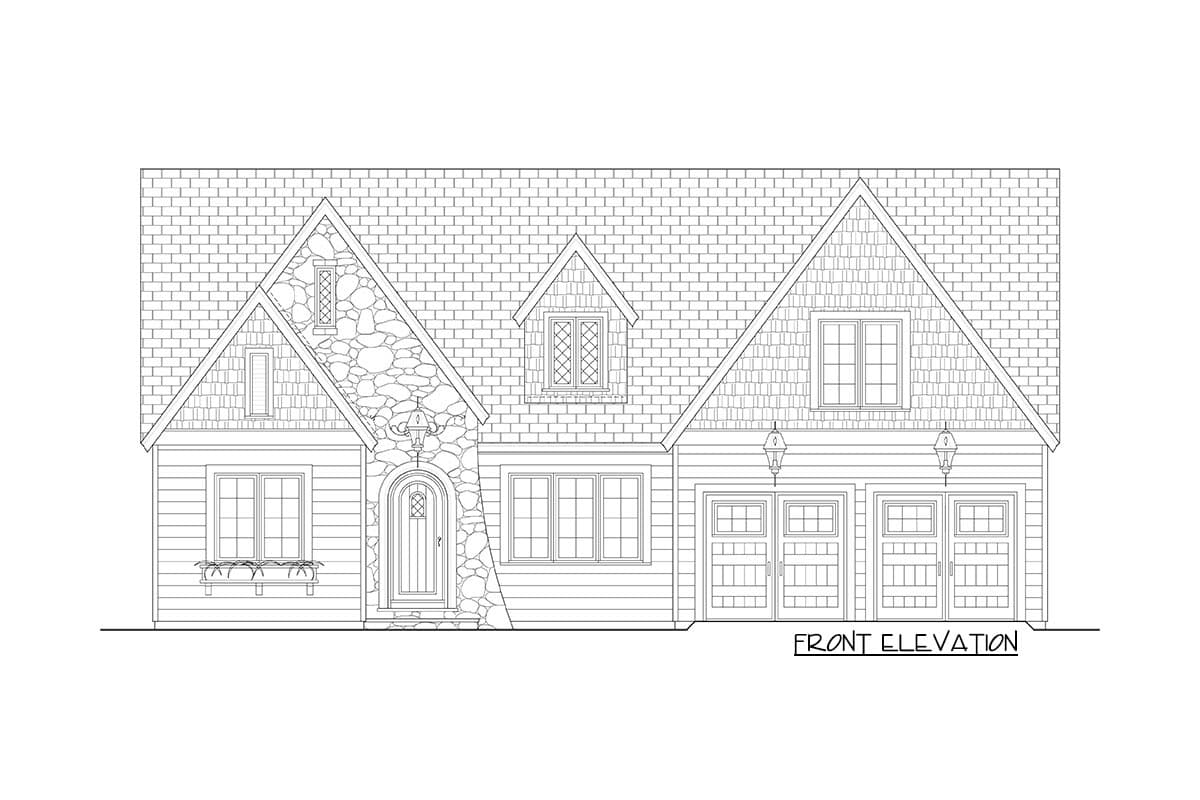 Front elevation of a house plan featuring a stone-clad gable, arched entry, multiple windows, and a three-car garage.