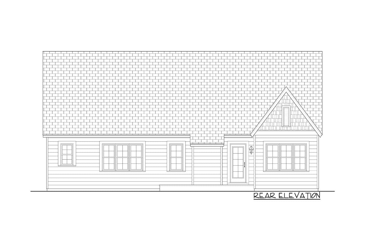 Rear elevation house plan showing a single-story home with a gable dormer, a covered entry, and lap siding.