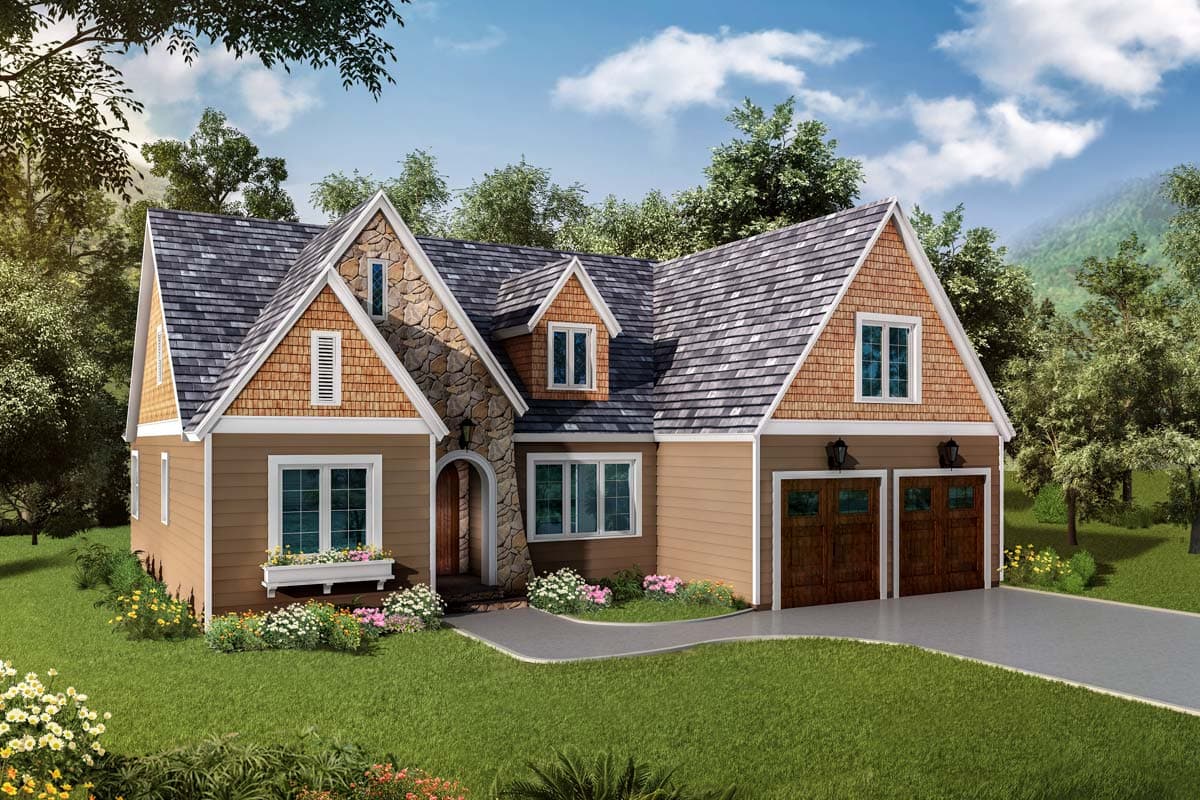 House plan exterior. Craftsman style, one-story home with a stone facade, gabled roof, dormers, and a two-car garage.