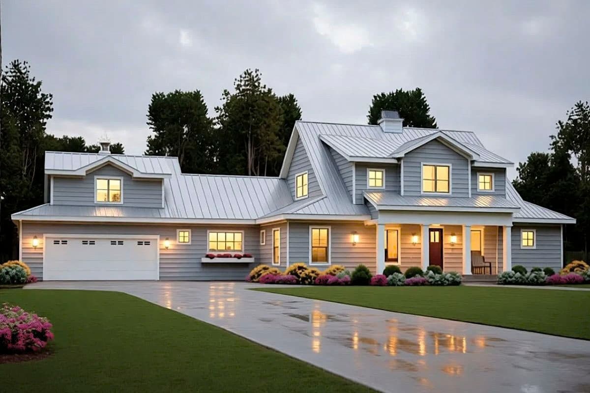 A modern, two-story house with a light gray exterior, metal roof, and a long driveway reflects soft light from the cloudy sky.