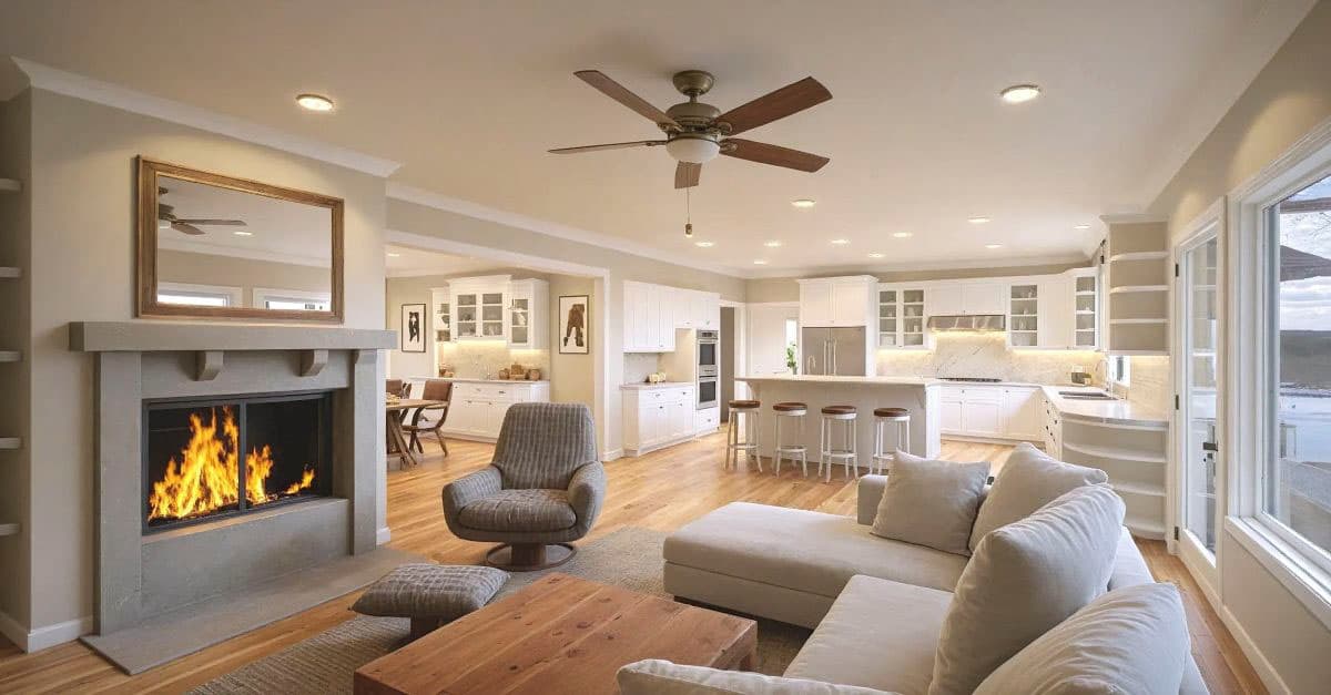 Living room with fireplace and open-concept kitchen featuring an island with seating.