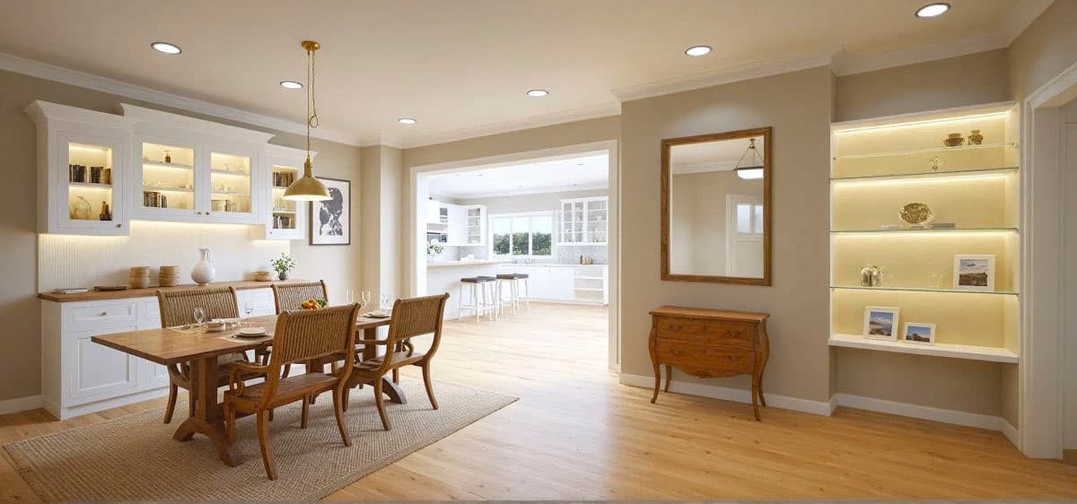 Dining area with a wooden table and chairs, and an open view to a white kitchen with bar stools.