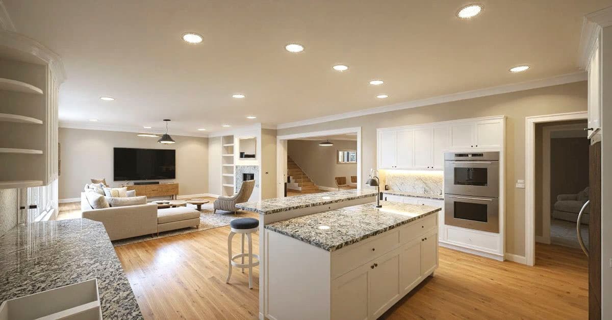 Kitchen and great room with granite island, built-in ovens, fireplace, and stairs leading to upper level.