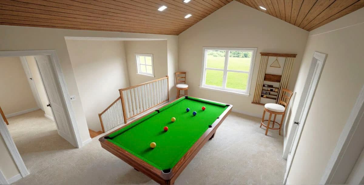 Interior rendering of a game room with a pool table, stairs, and wood-paneled vaulted ceiling.