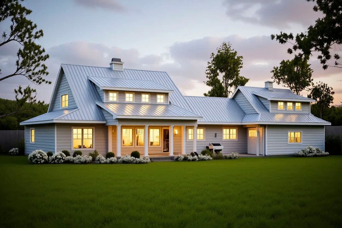 Modern farmhouse house plan exterior with metal roof, covered porch with columns, and dormer windows.